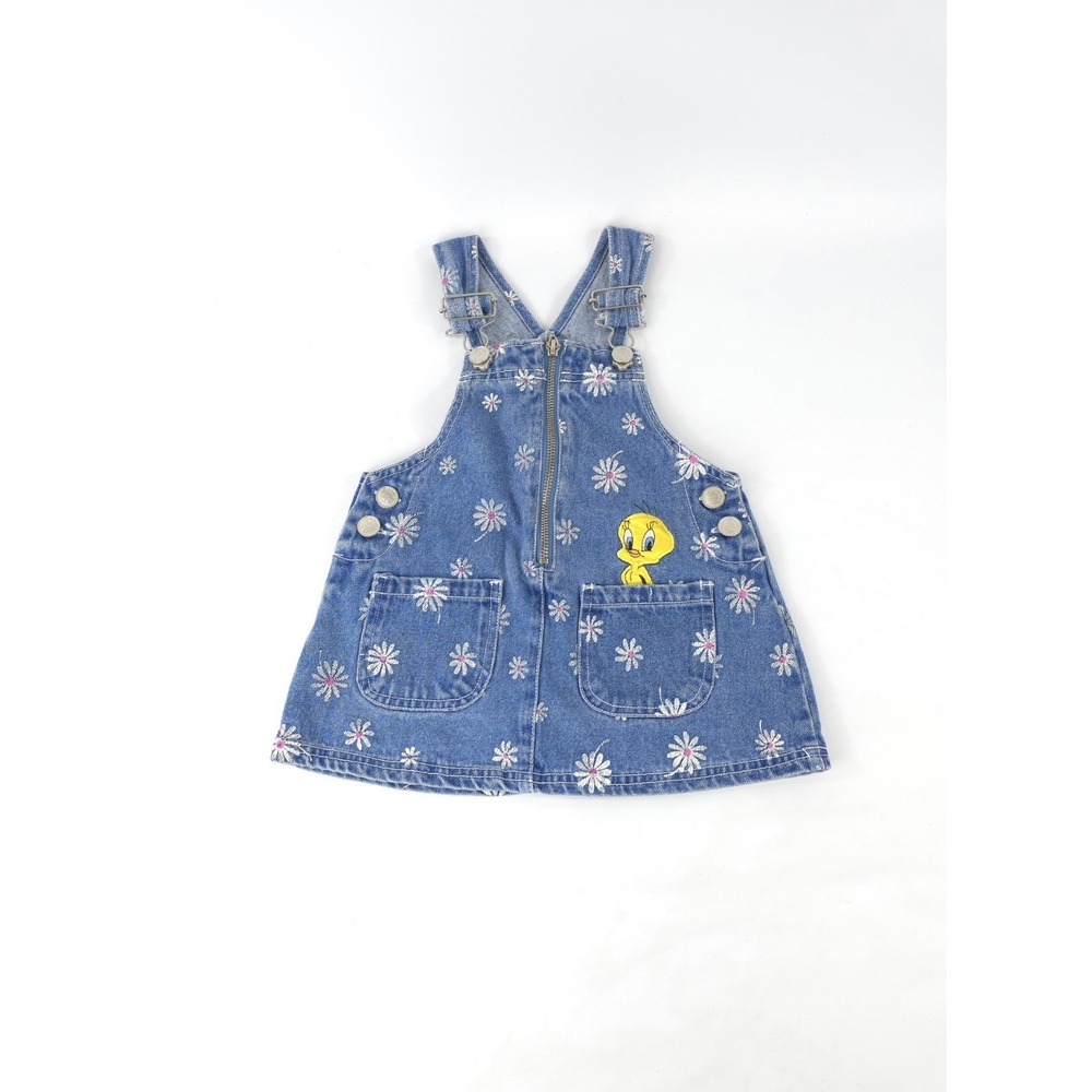 90's Vintage Official Looney Tunes Tweety Bird Denim Bibbed Dress - 2T
